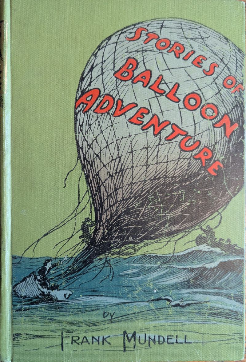 Picture of book cover showing stylised drawing of a gas balloon landed in the sea with basket occupants clambering up the rigging and a rowing boat approaching.